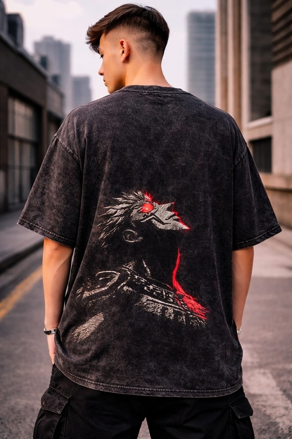 Men's Oversized Black Acid Wash Raven Graphic T-shirt