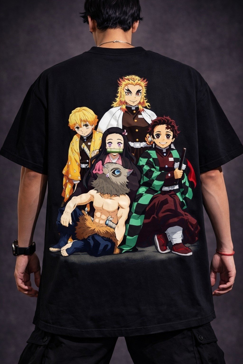 Men's Oversized Black Anime Squad Graphic T-shirt
