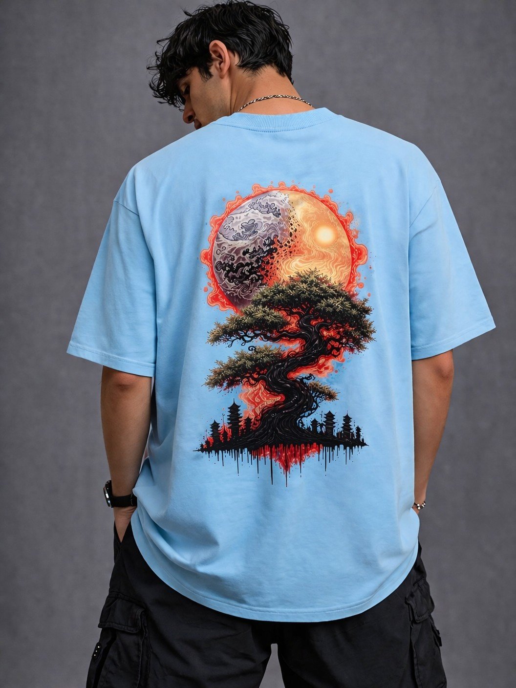 Men's Oversized Bonsai Moon Graphic T-Shirt