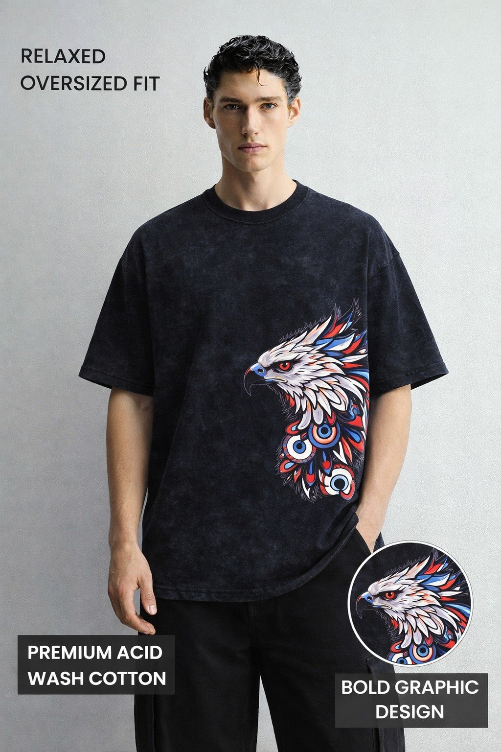 Men's Oversized Acid Wash Eagle Graphic T-shirt