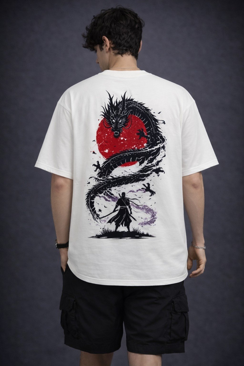 Men's Oversized Dragon Samurai Graphic T-Shirt