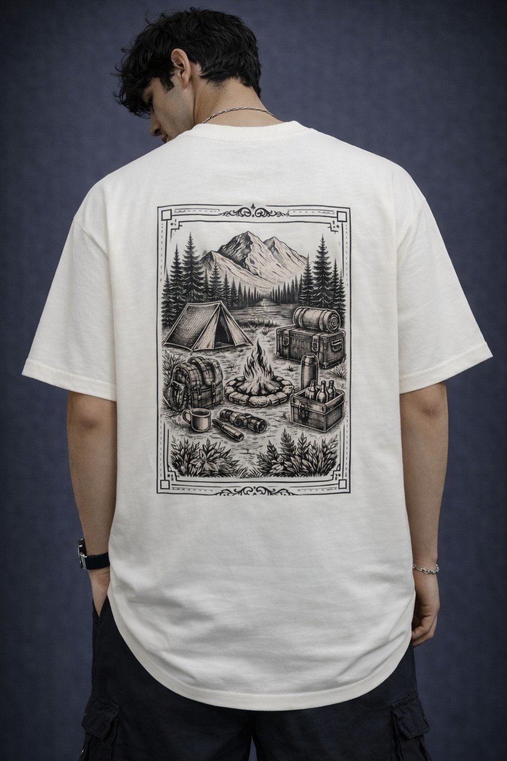 Men's Oversized Mountain Camping Graphic T-Shirt