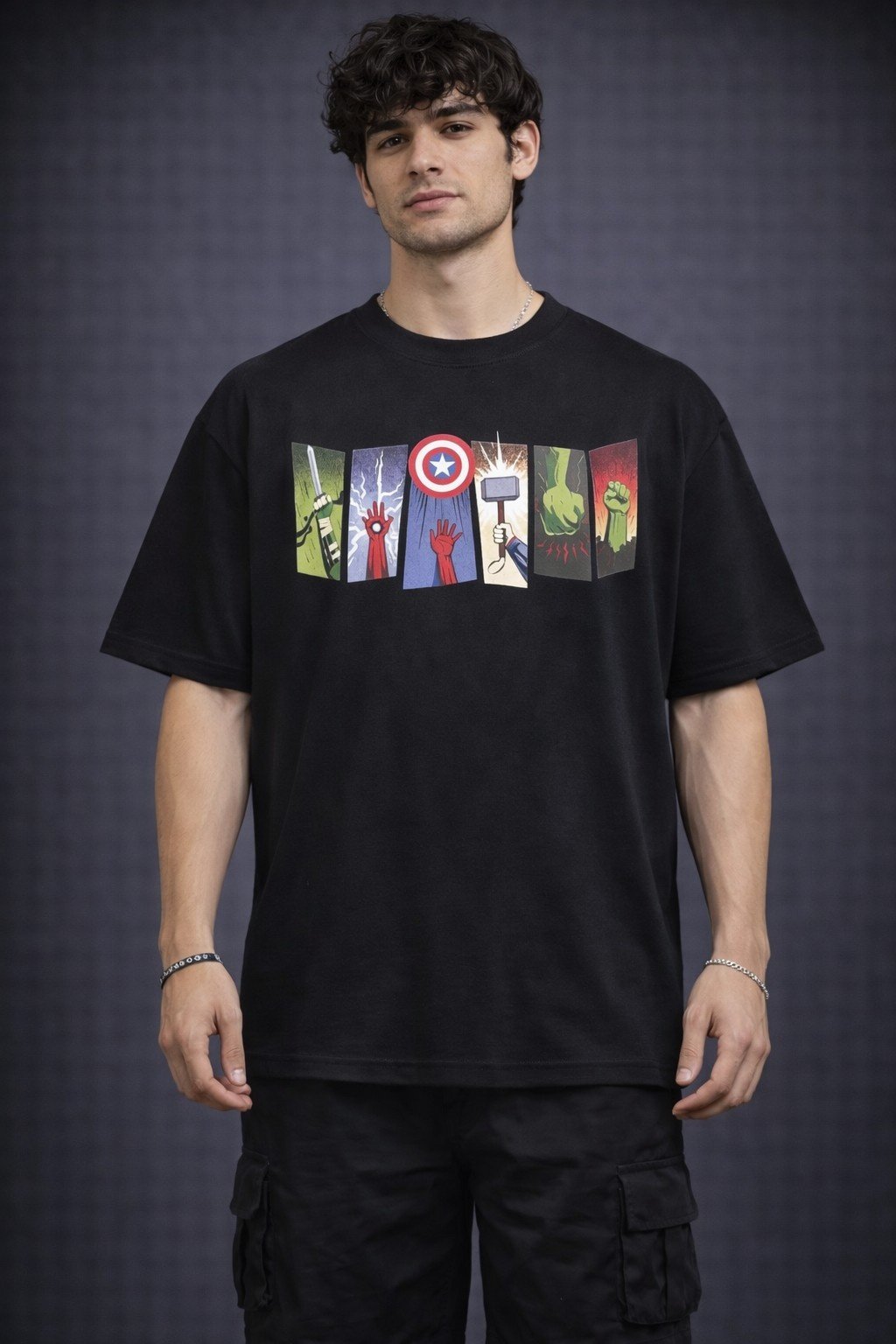 Men's Oversized Black Superhero Icons Graphic T-shirt