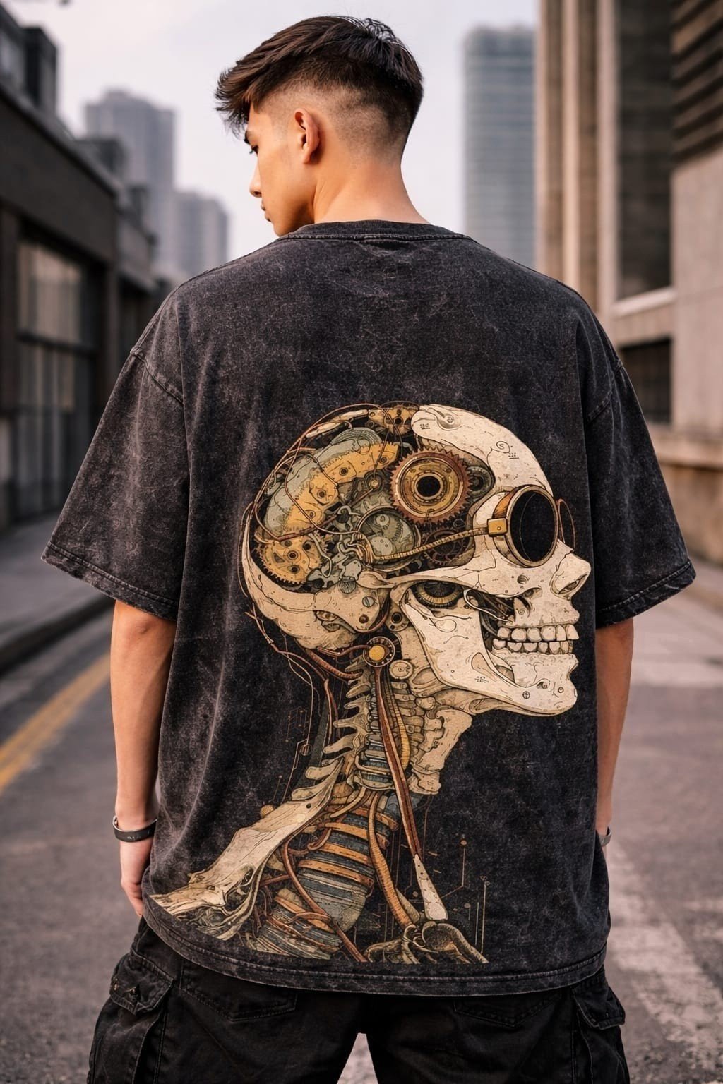 Men's Oversized Black Acid Wash Steampunk Skull Graphic T-shirt