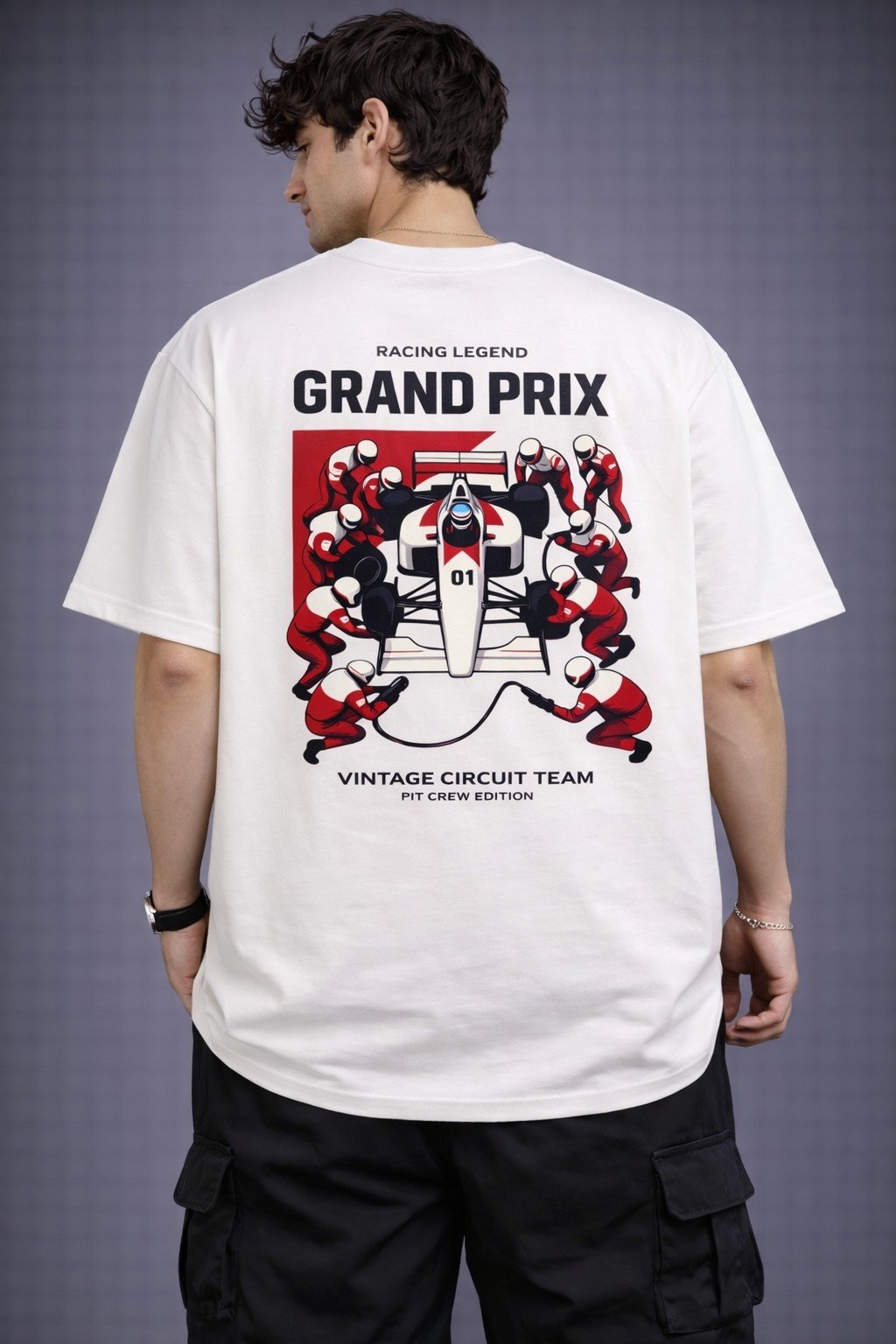 Men's Oversized White Grand Prix Racing Graphic T-shirt